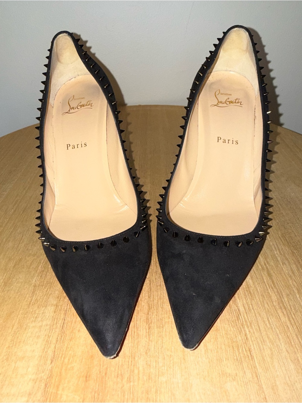 Christian Louboutin Black Suede Pointed Spike-Trim Pumps